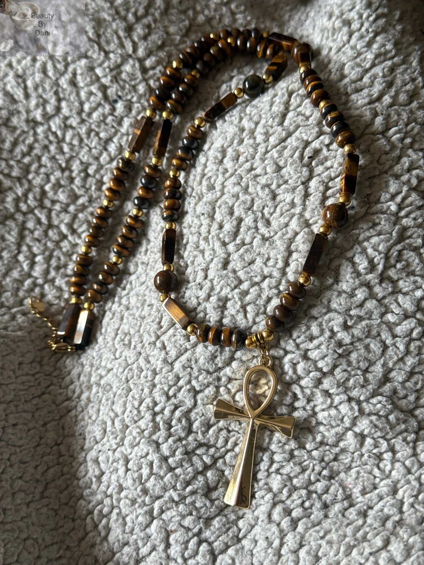 Tiger’s Eye Beaded Cross Long Necklace Goldtone Stainless Steel