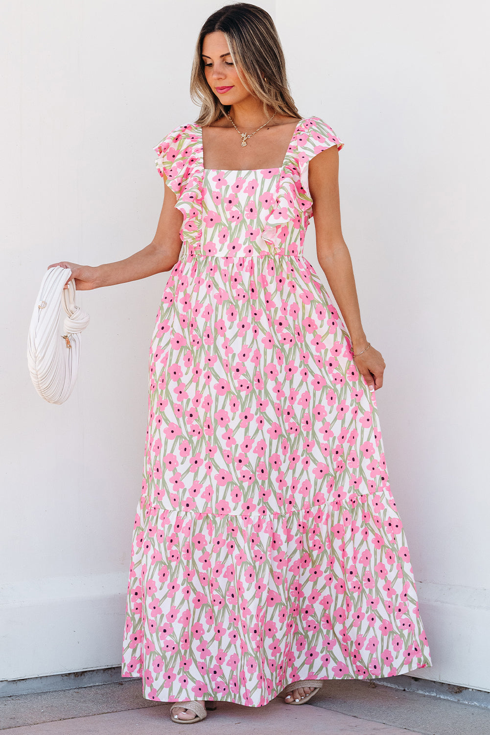 Luxury Floral Print Square Neck Ruffled Strap Maxi Dress