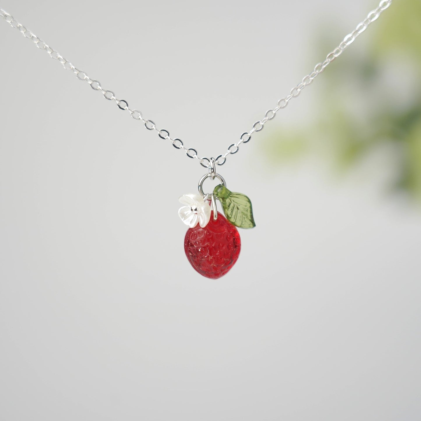 Mini Strawberry Fruit Necklace Handmade with Czech Glass and Gold or Silver Plated Chain