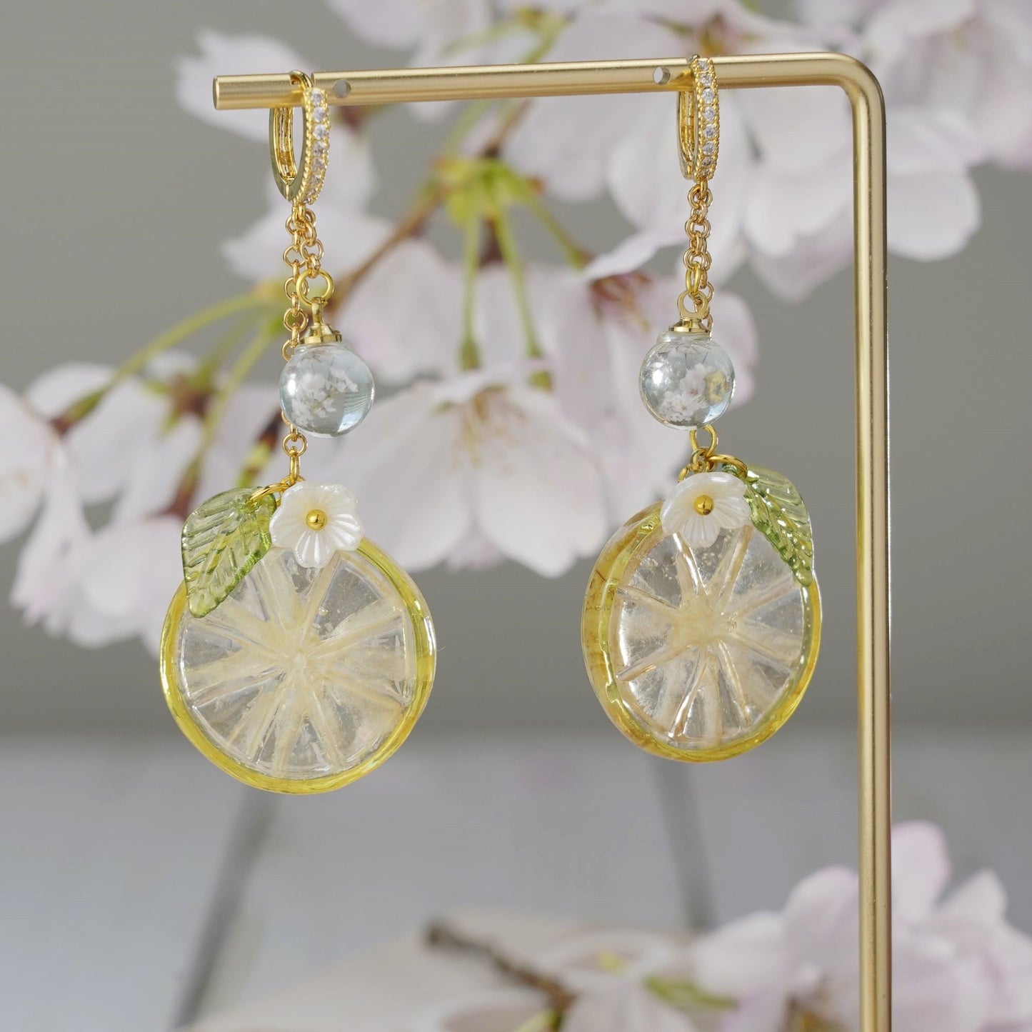 Lemon Kumquat Slice Citrus Resin Dangle Earrings Handmade 925 Silver