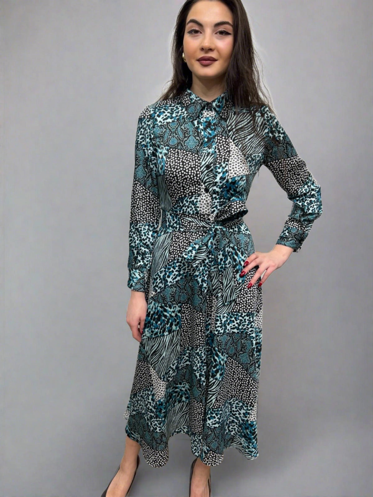 Midi A-Line Dress with Front Buttons and Side Zipper