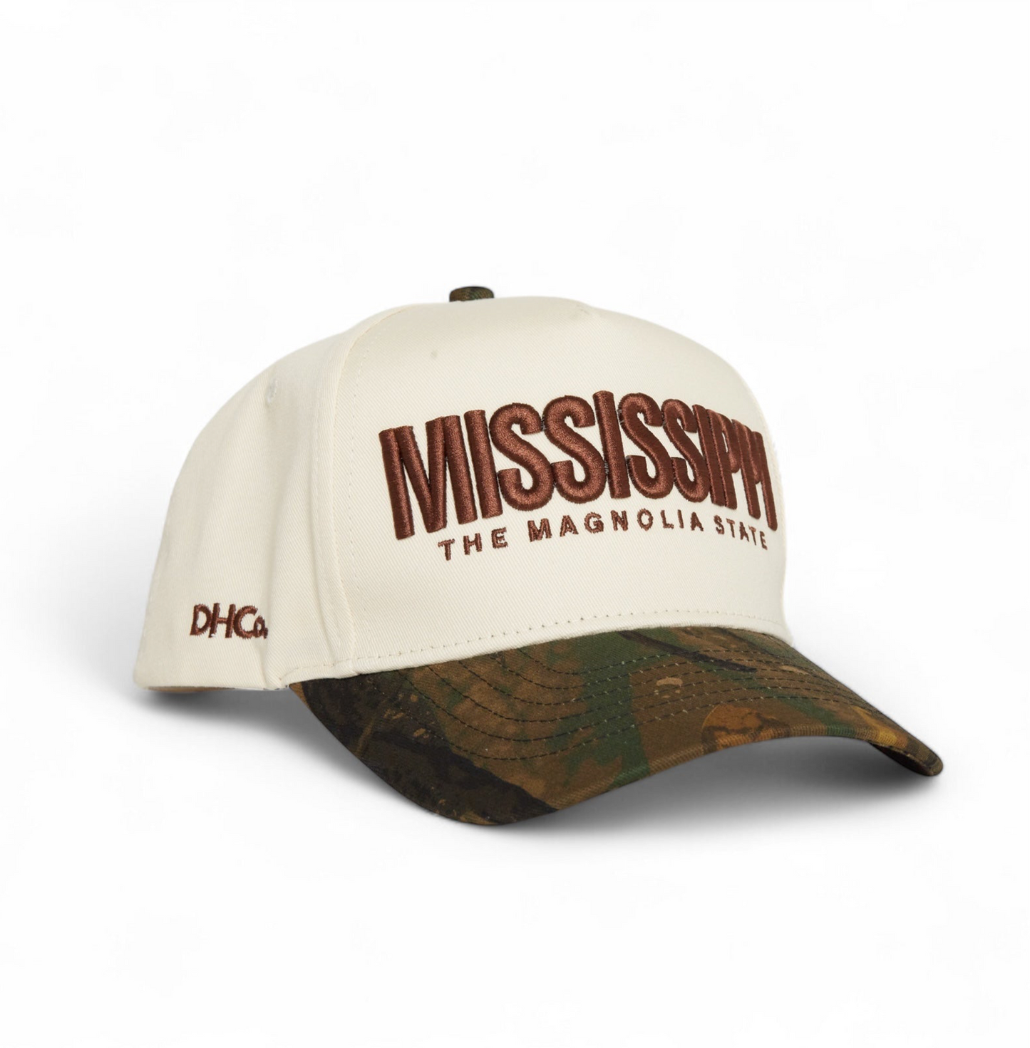Camo Snapback Beige Pre-curved Trucker Hat Destination Hat Co.