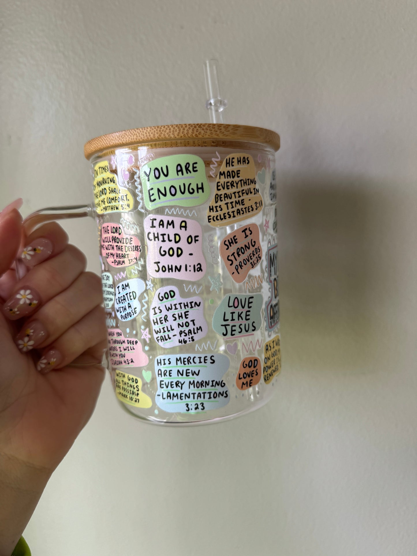 Daily Bible Affirmations 16oz Glass Tumbler Sawdust and Cedar