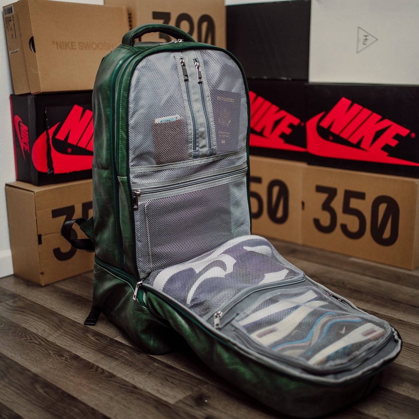 Emerald Green Leather Carry-On Patented Backpack Sole Premise