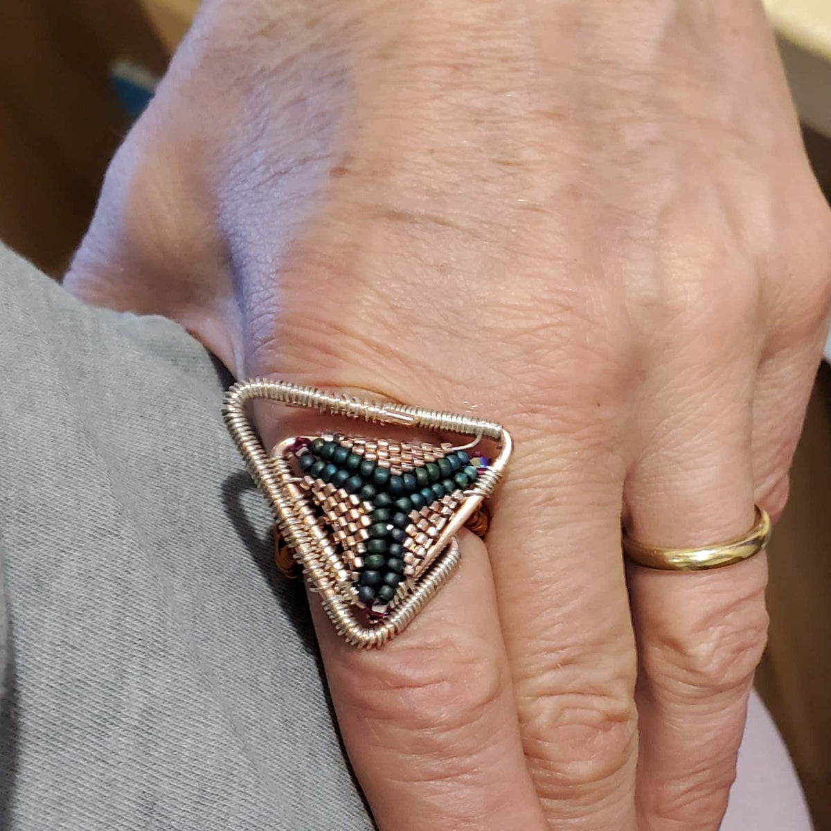 Abstract Asymmetric Triangle Copper Silver Beaded Ring