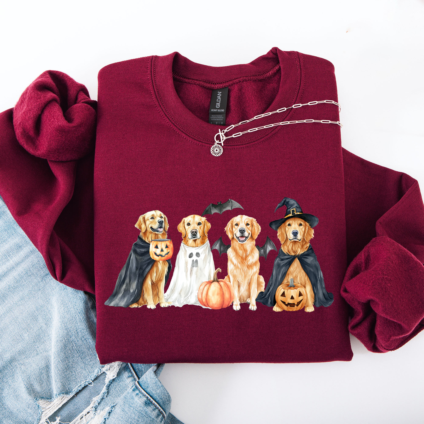 Halloween Sweatshirt Faux Patchwork Adorable Dogs Bats Pumpkins Witch