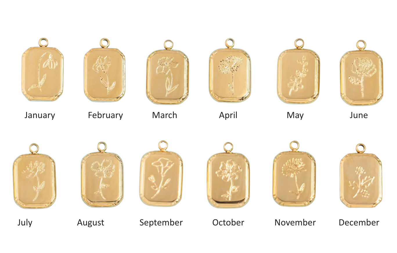 Audrey Birth Flower Engraved Necklace 18k Gold Over Brass