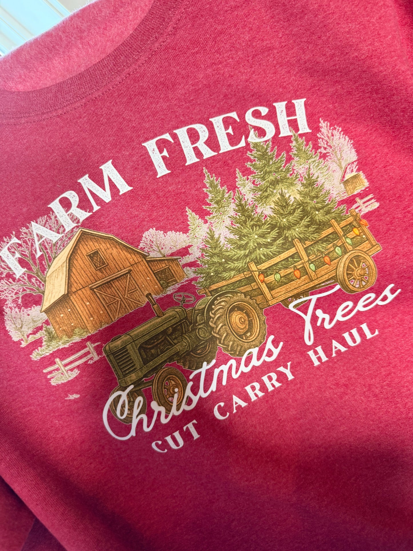 Farm Fresh Christmas Trees Cozy Crewneck Sweatshirt Vintage Barn Tractor