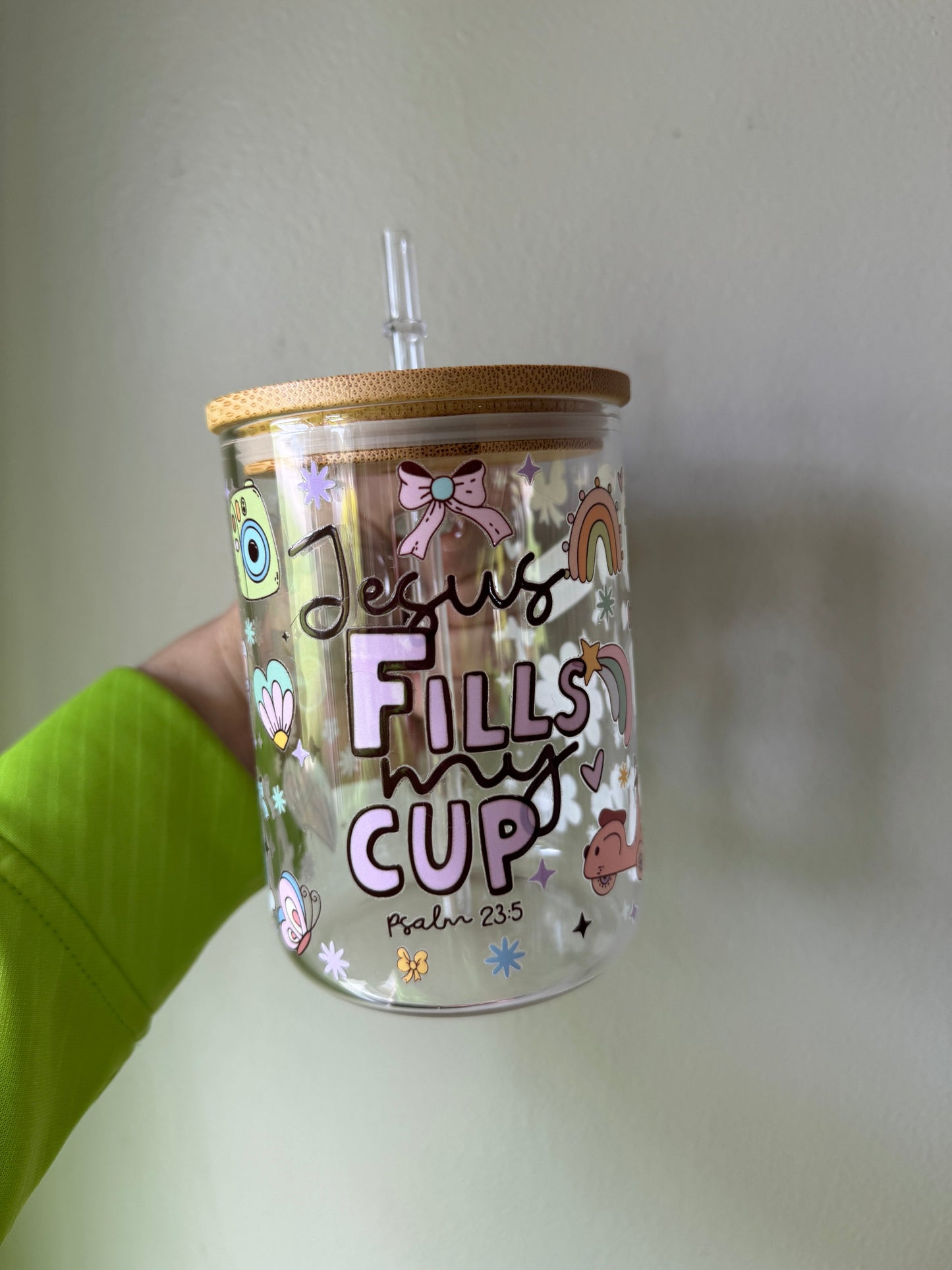 Jesus Fills My Cup Faith Inspired 16oz Glass Cup Sawdust and Cedar