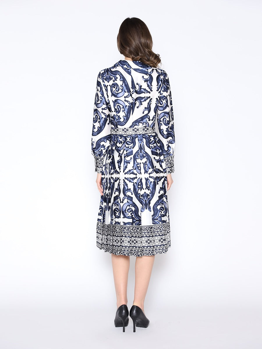 Floral Long Sleeve Tie Belt Dress Lapel Collar Gracia D36953