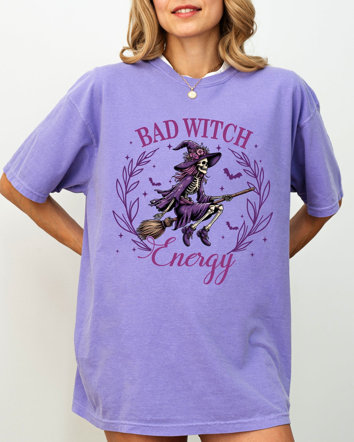 Bad Witch Energy Funny Halloween Broom Skeleton Spooky Shirt Comfort Colors T-Shirt