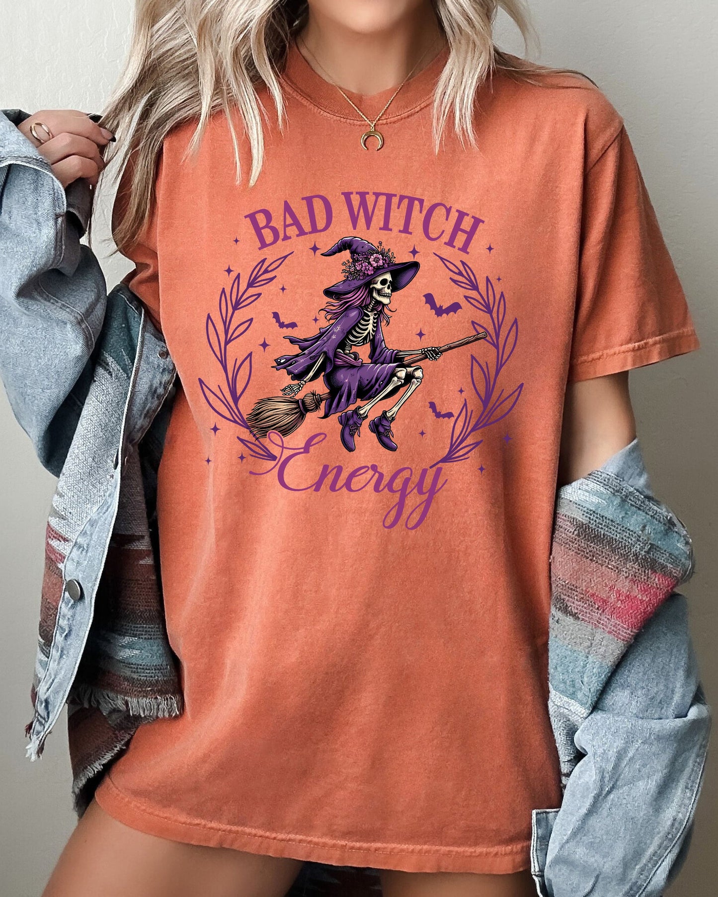 Bad Witch Energy Funny Halloween Broom Skeleton Spooky Shirt Comfort Colors T-Shirt
