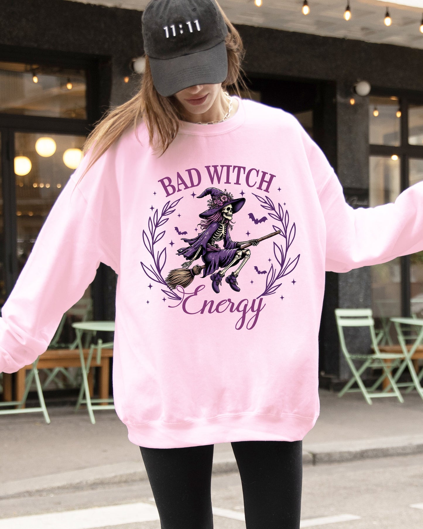 Bad Witch Energy, Funny, Halloween, Broom, Skeleton, Spooky Sweatshirt