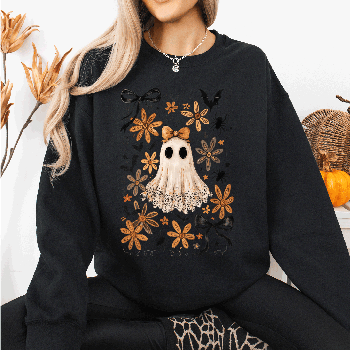 Halloween Bows Bats Flowers Sweatshirt Cozy Graphic Pullover Refinery Number One