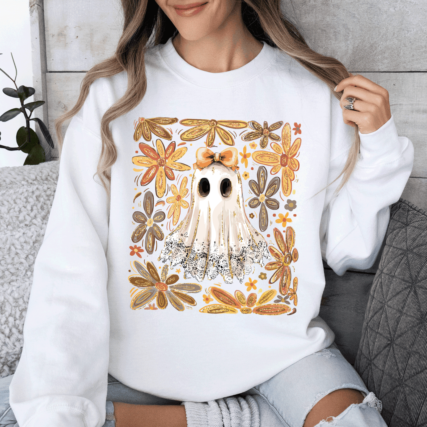 Halloween Cozy Coquette Ghost Sweatshirt Beautiful Flowers Refinery Number One
