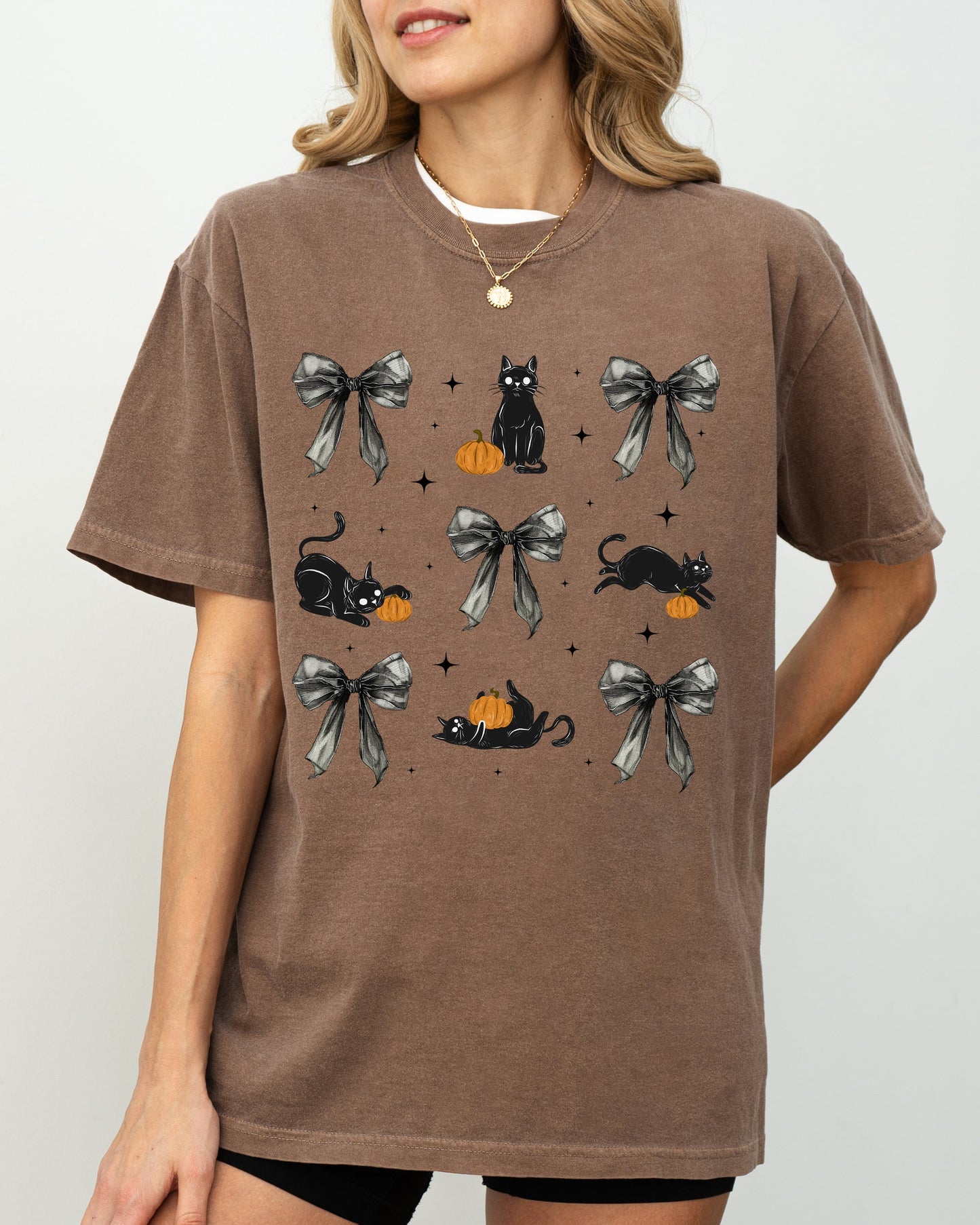 Black Cat Coquette Ribbons and Bows Cute Girly Fall Shirt Comfort Colors T-Shirt