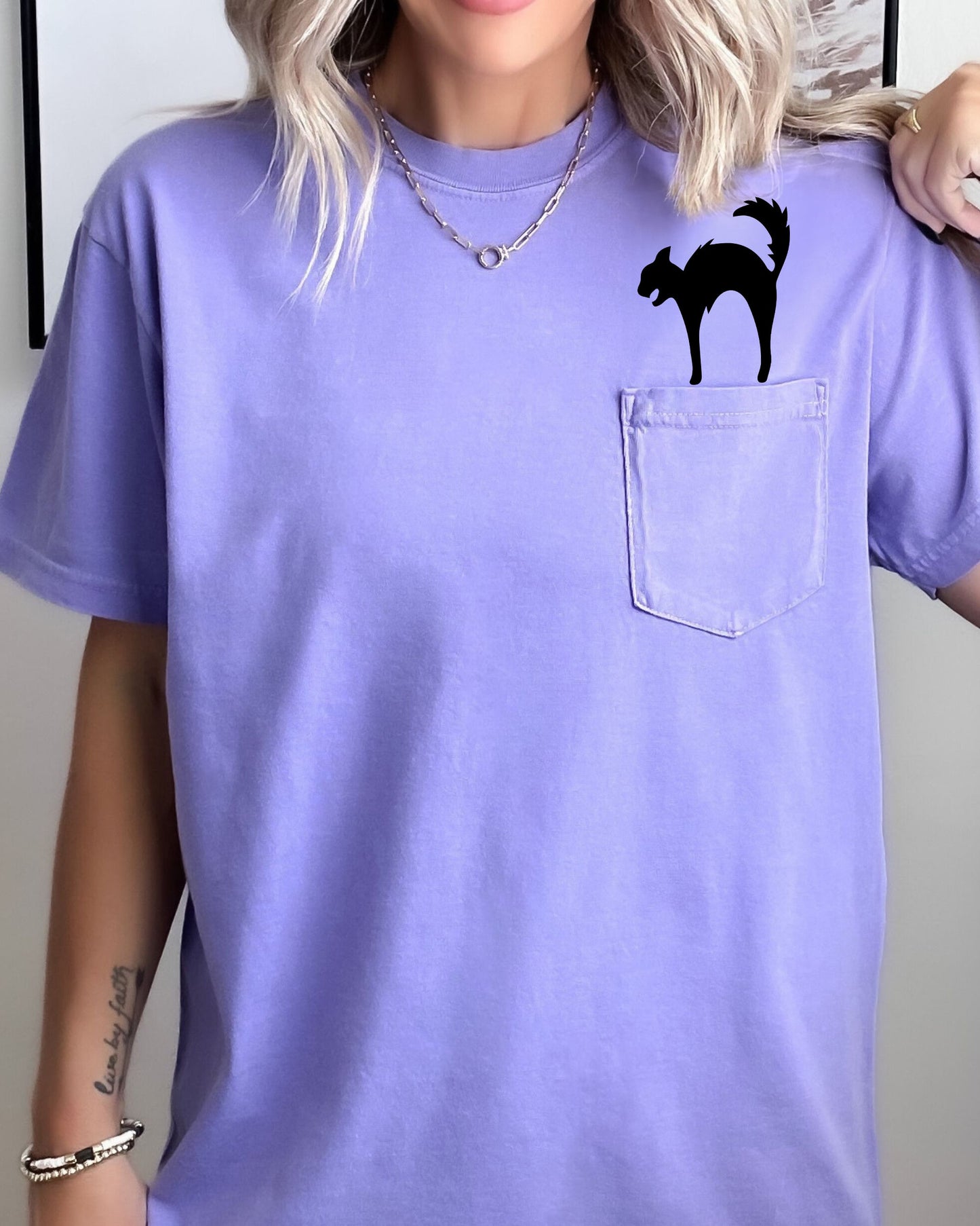 Halloween Pocket Spooky Witch Tee Comfort Colors T-Shirt Black Cat