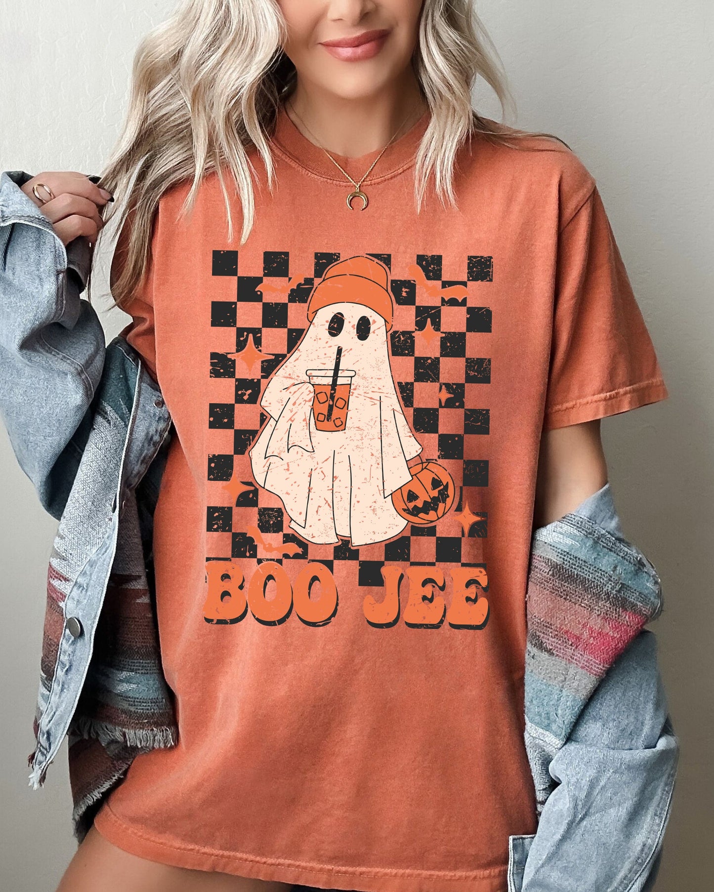 Boo-Jee Ghost Checkered Coffee Drink Shirt Comfort Colors T-Shirt