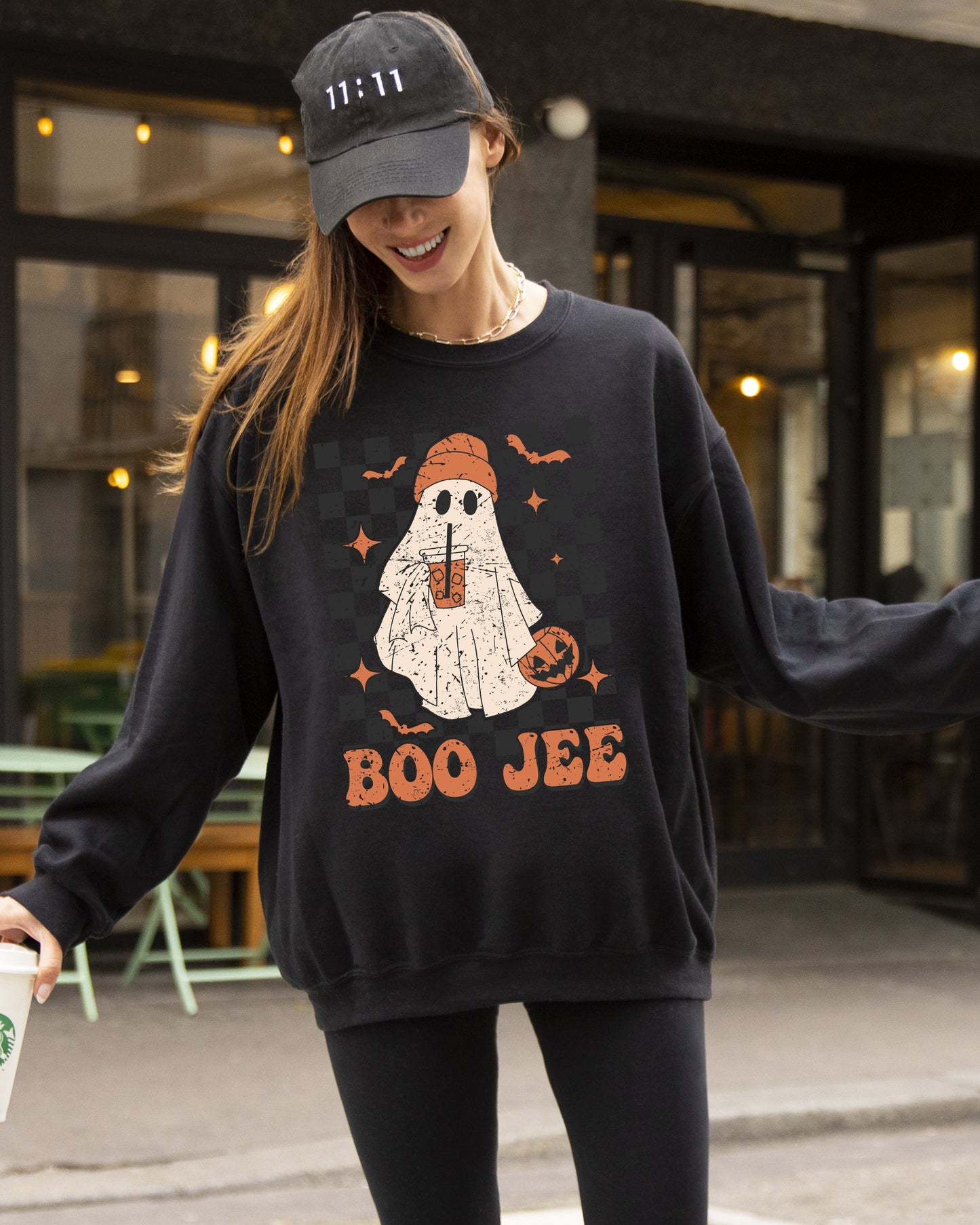 Boo-Jee Ghost Checkered Retro Halloween Coffee Drink Sweatshirt