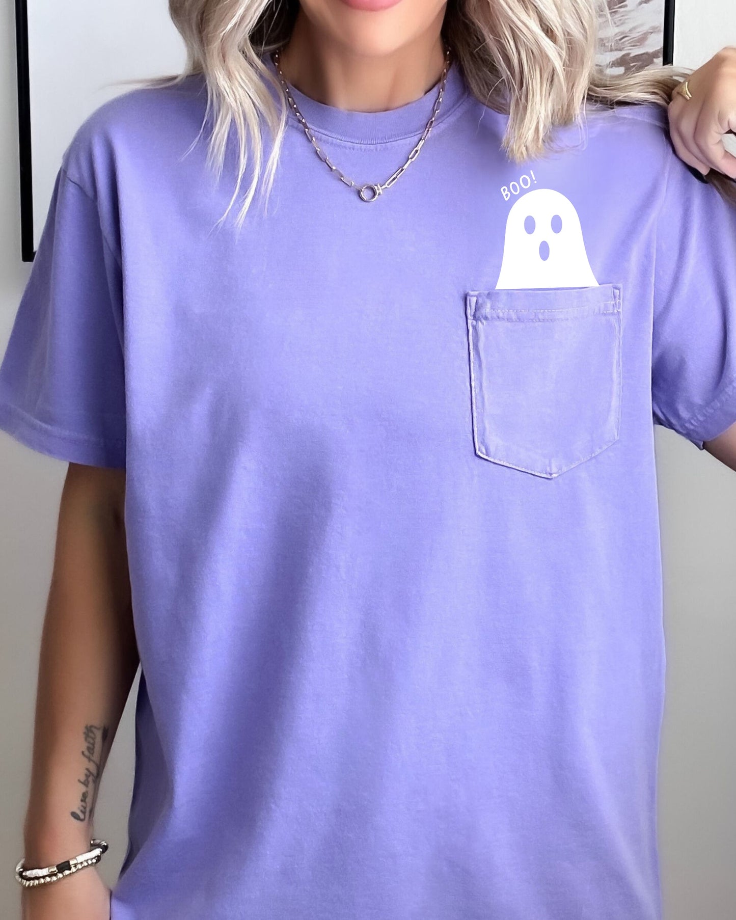 Ghost Halloween Pocket Cute Skeleton Tee Comfort Colors T-Shirt