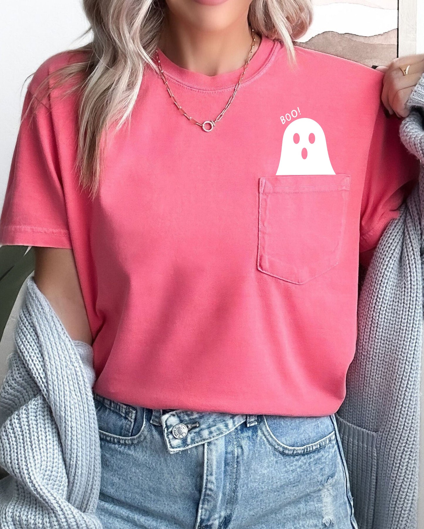 Ghost Halloween Pocket Cute Skeleton Tee Comfort Colors T-Shirt