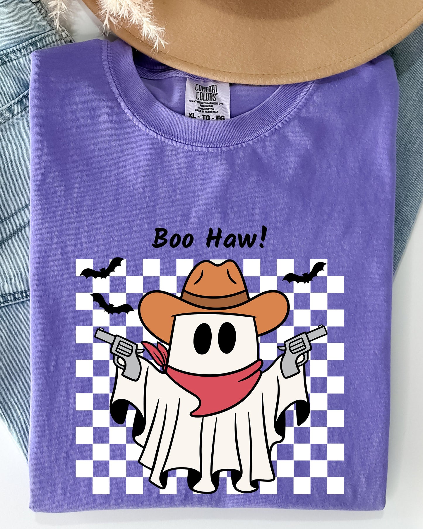 Cowboy Ghost Checkered Western Halloween Shirt Comfort Colors T-Shirt Boo Haw