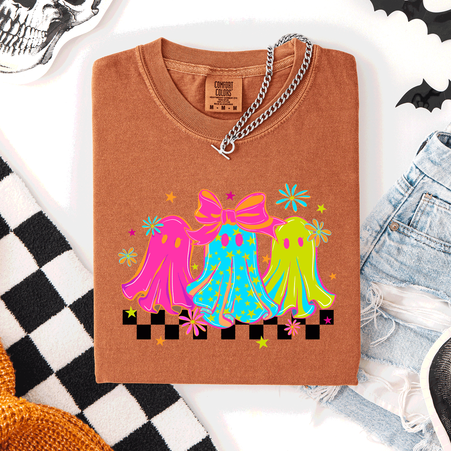 Bright and Colorful Retro Checkered Halloween Ghosts Comfort Colors T-Shirt Refinery Number One