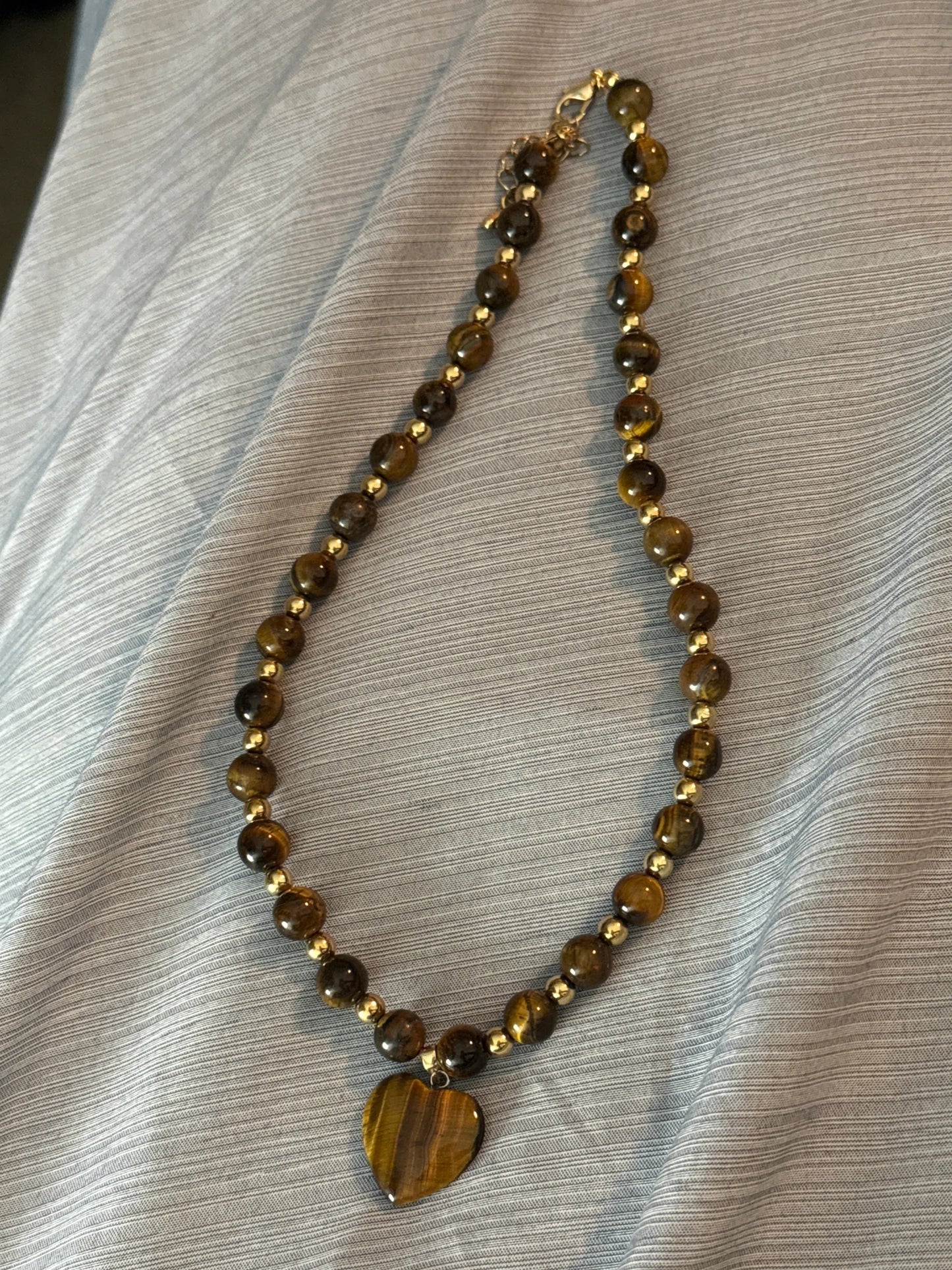 Tiger’s Eye 10mm Beaded Heart Necklace Beauty by Dani