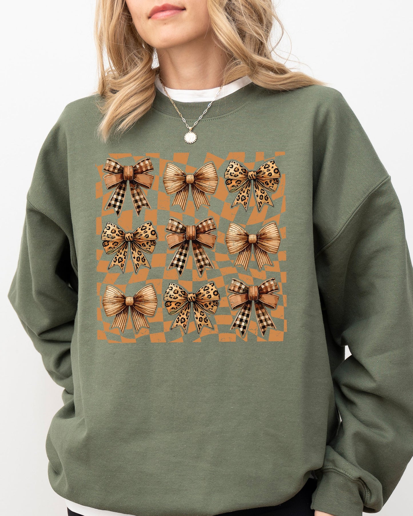Checkered Autumn Coquette Bows and Ribbons Fall Sweatshirt