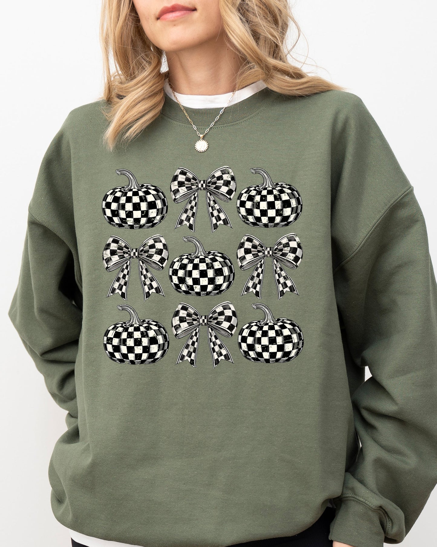 Checkered Retro Pumpkins Coquette Ribbons Bows Fall Sweatshirt