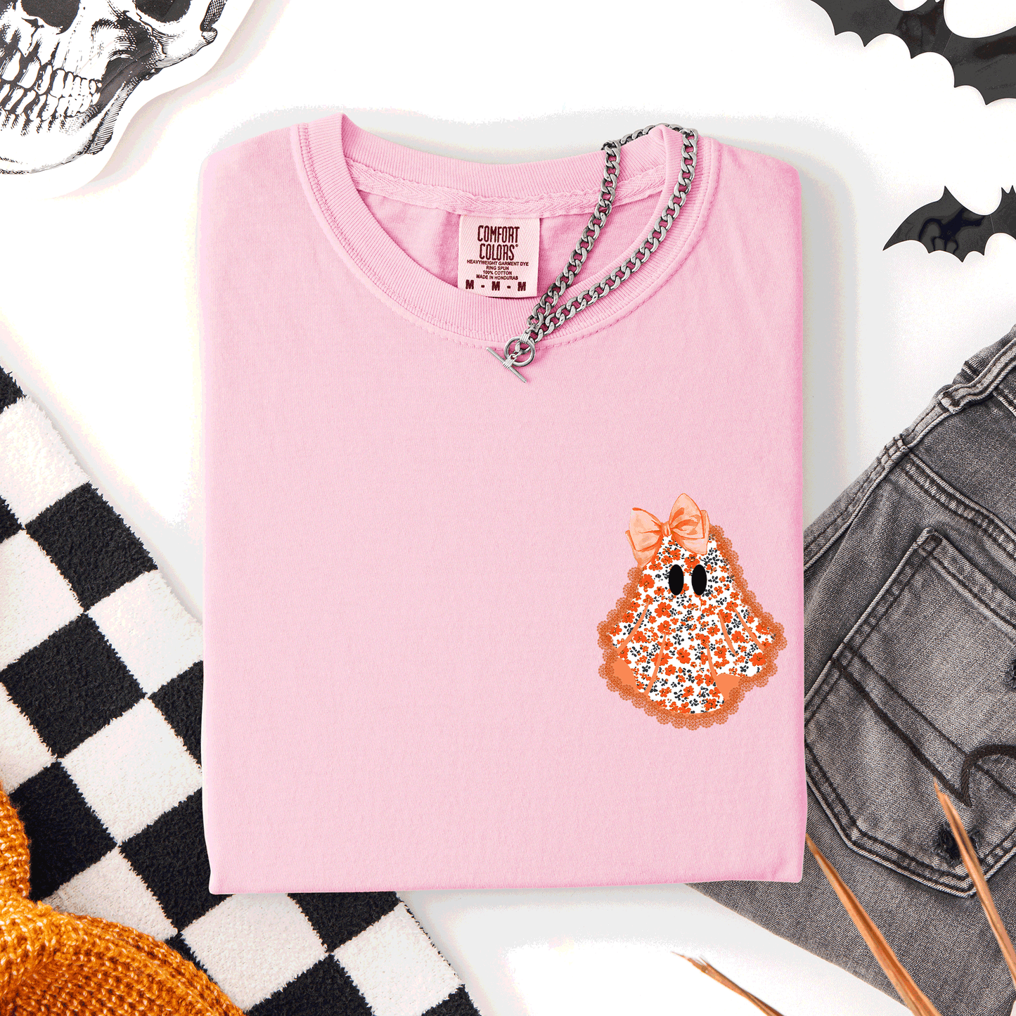 Halloween Faux Lace Ghost Pocket Comfort Colors T-Shirt Refinery Number One