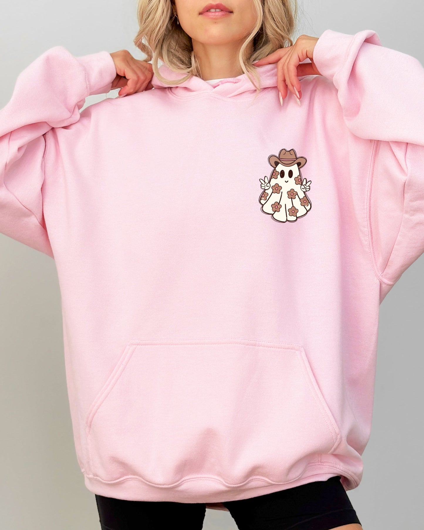 Cute Flower Ghost Pocket Print Halloween Peace Hooded Sweatshirt