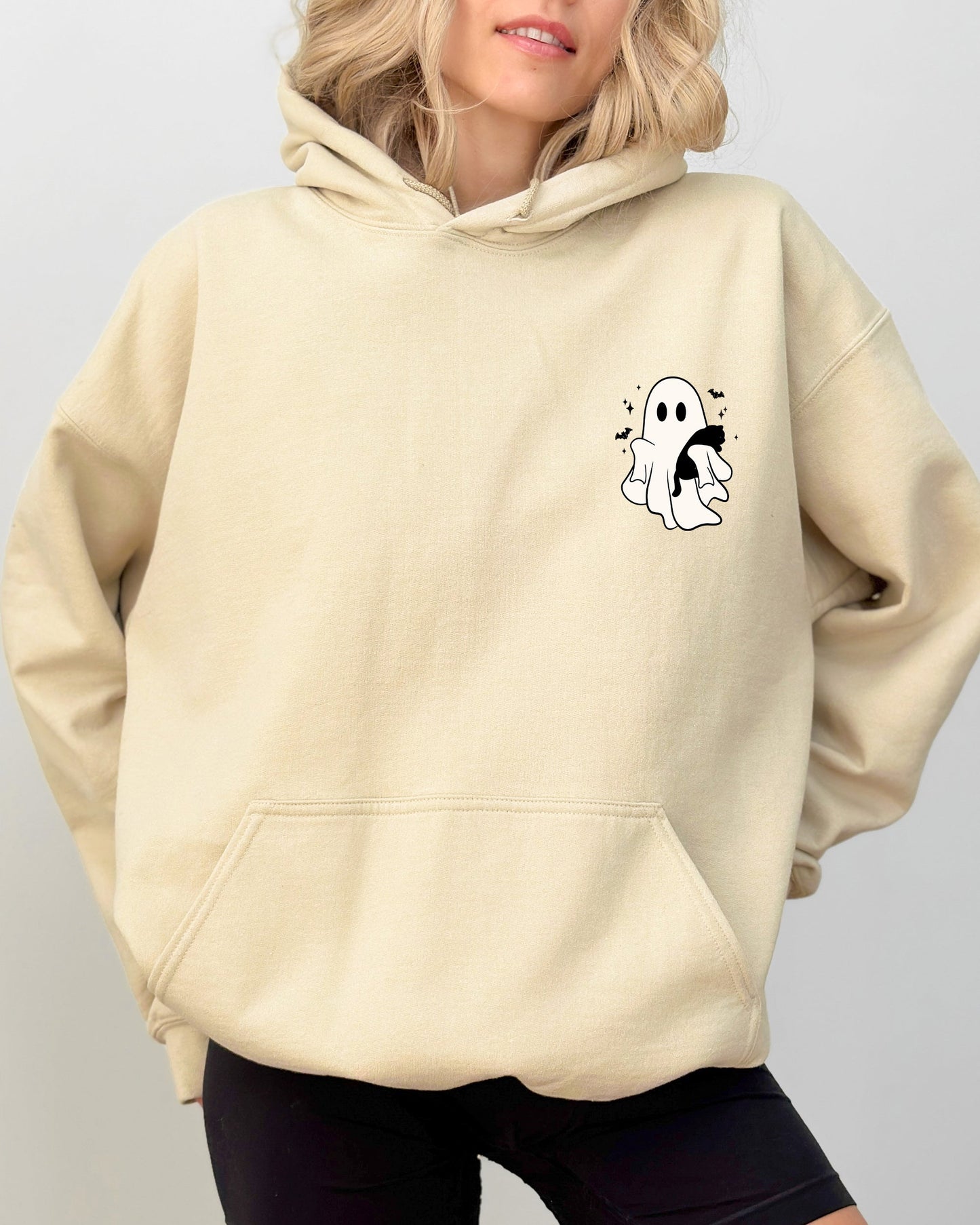 Cute Ghost With Cat Halloween Pocket Print Witch Hooded Sweatshirt