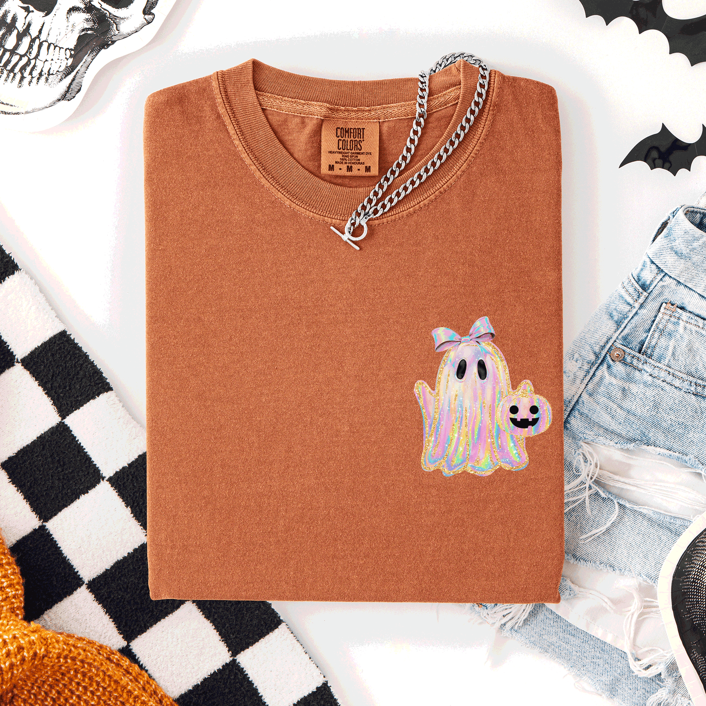 Cute Ghost Faux Glitter Ribbon Pocket Comfort Colors T-Shirt Refinery Number One