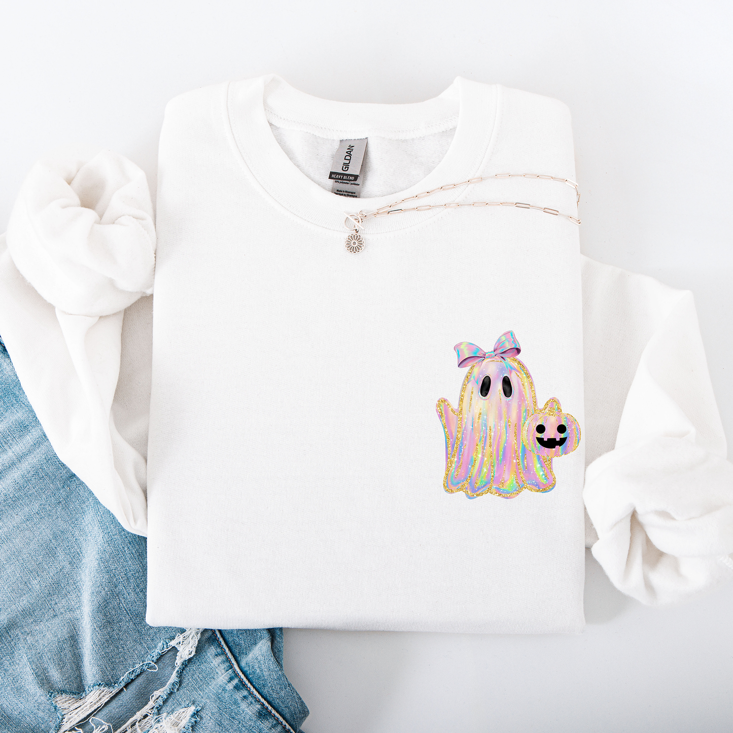 Cute Ghost Faux Glitter Pocket Sweatshirt Halloween Coquette Ribbon