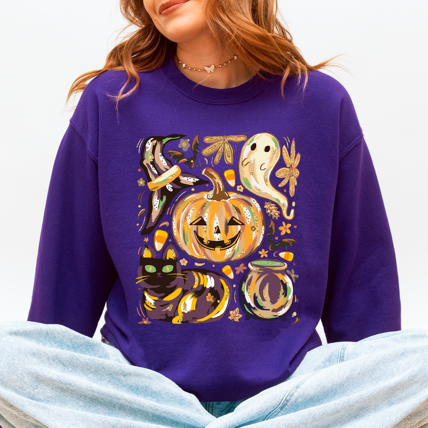 Cute Halloween Painted Sweatshirt with Pumpkin Black Cat Ghost Witch