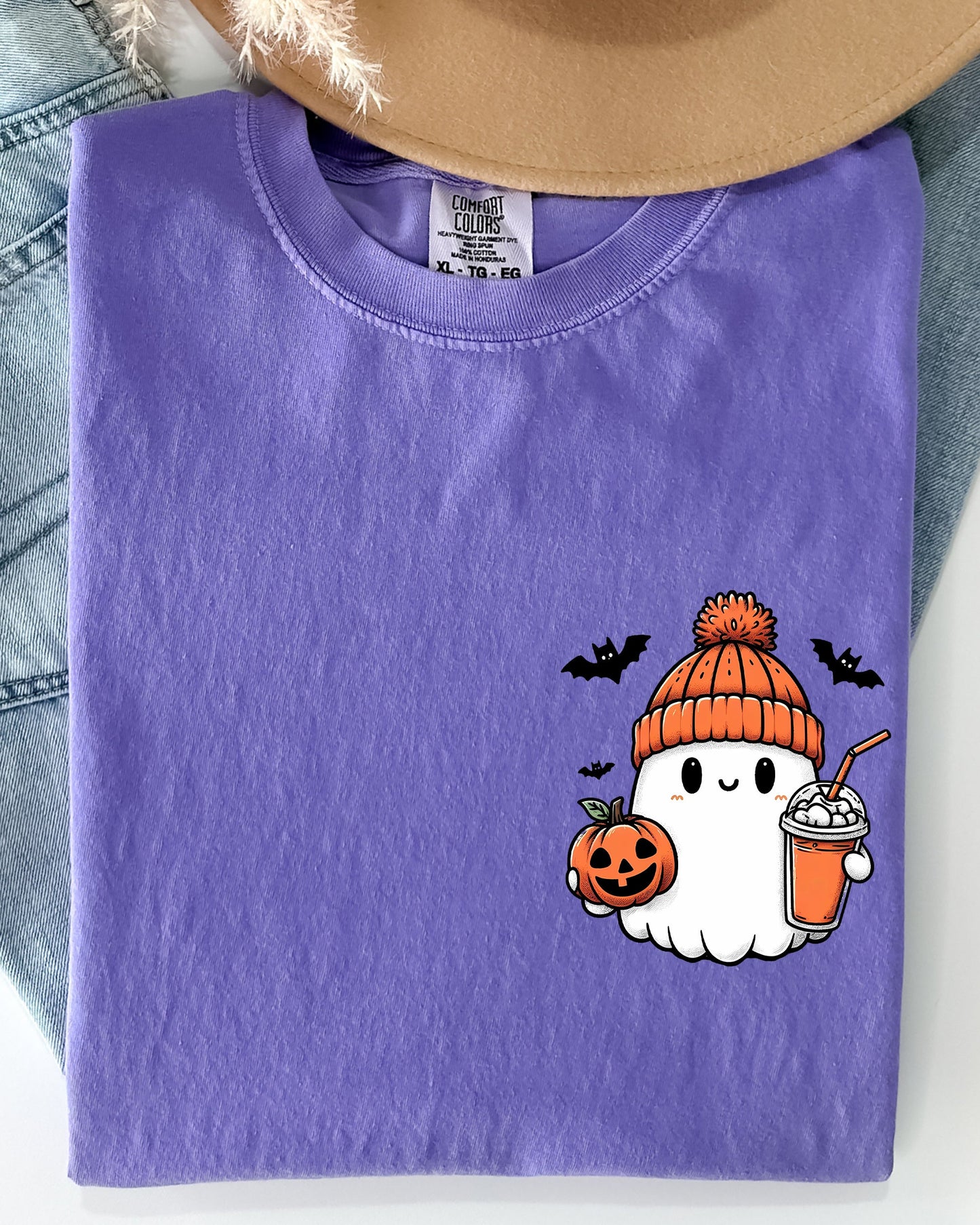 Cute Orange Ghost Pocket Print Comfort Colors T-Shirt