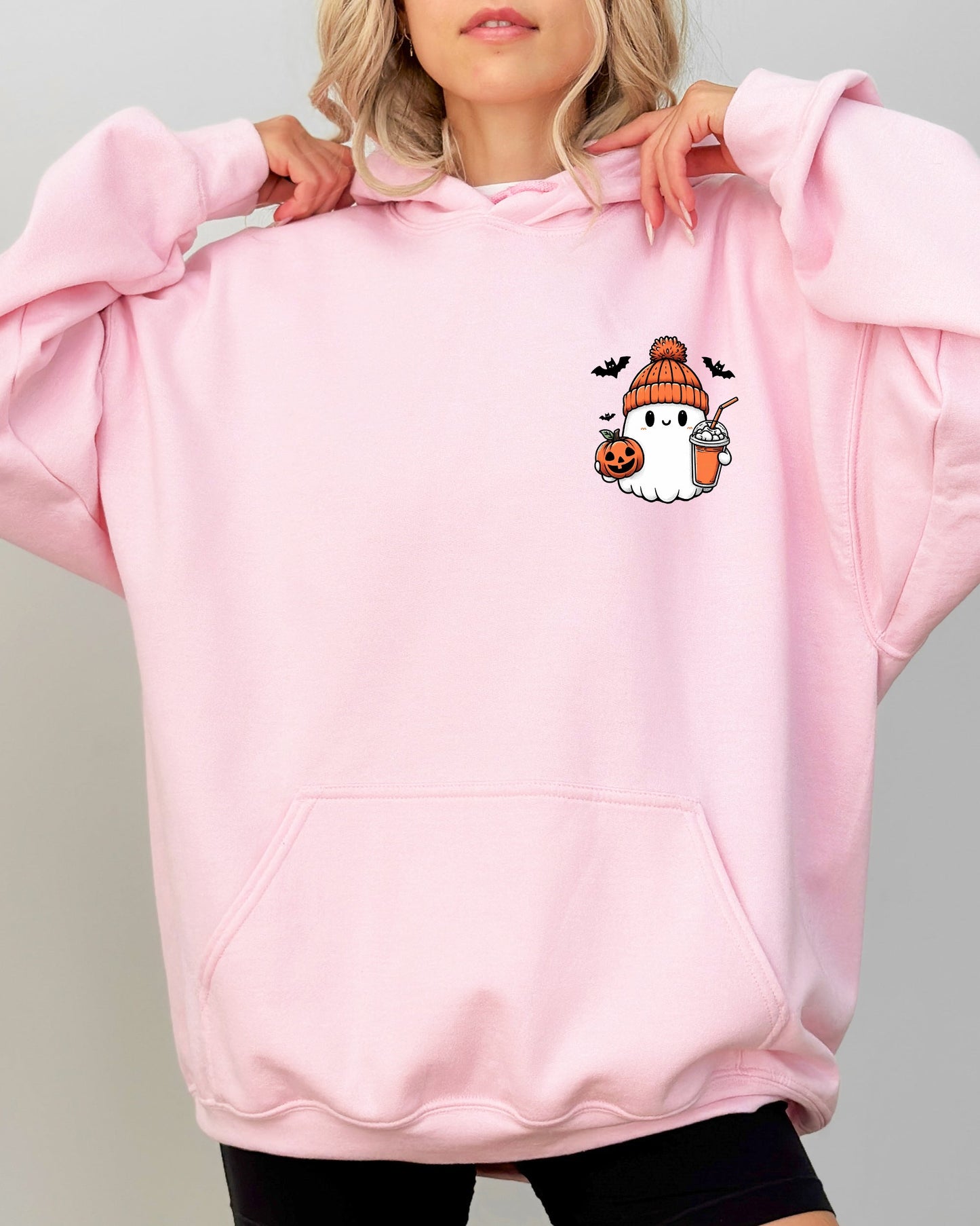 Cute Orange Ghost Pocket Print Hooded Sweatshirt Halloween Coffee Bats