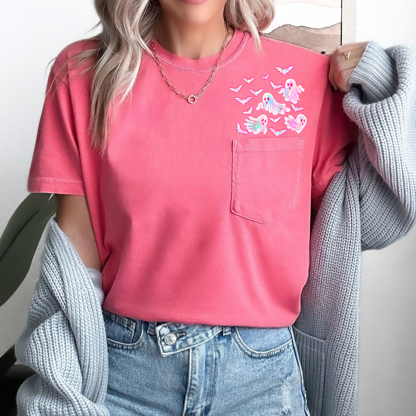 Cute Pastel Ghosts Pocket Print T-Shirt Comfort Colors Pocket T-Shirt Refinery Number One