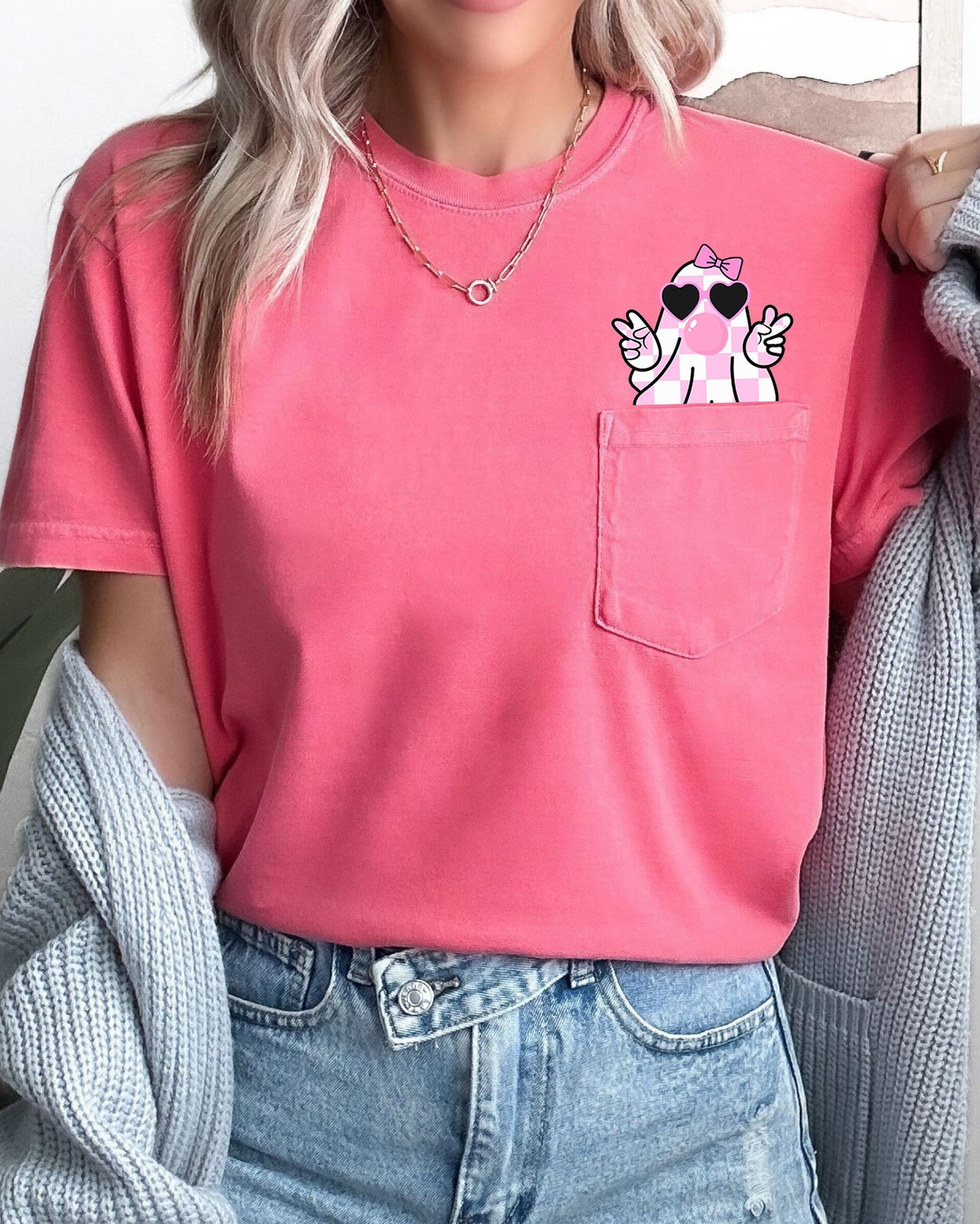 Pink Bubblegum Ghost Graphic Pocket Tee Comfort Colors T-Shirt