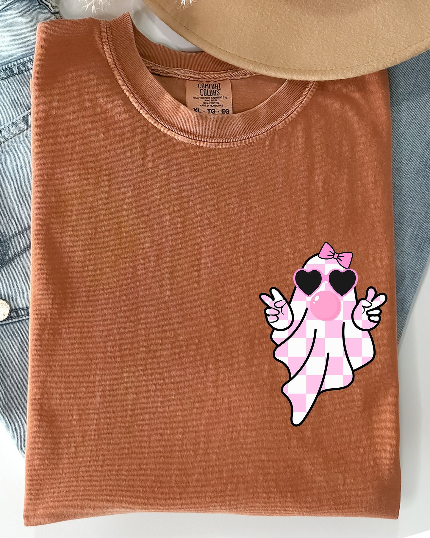Cute Pink Bubblegum Ghost Pocket Print Comfort Colors T-Shirt
