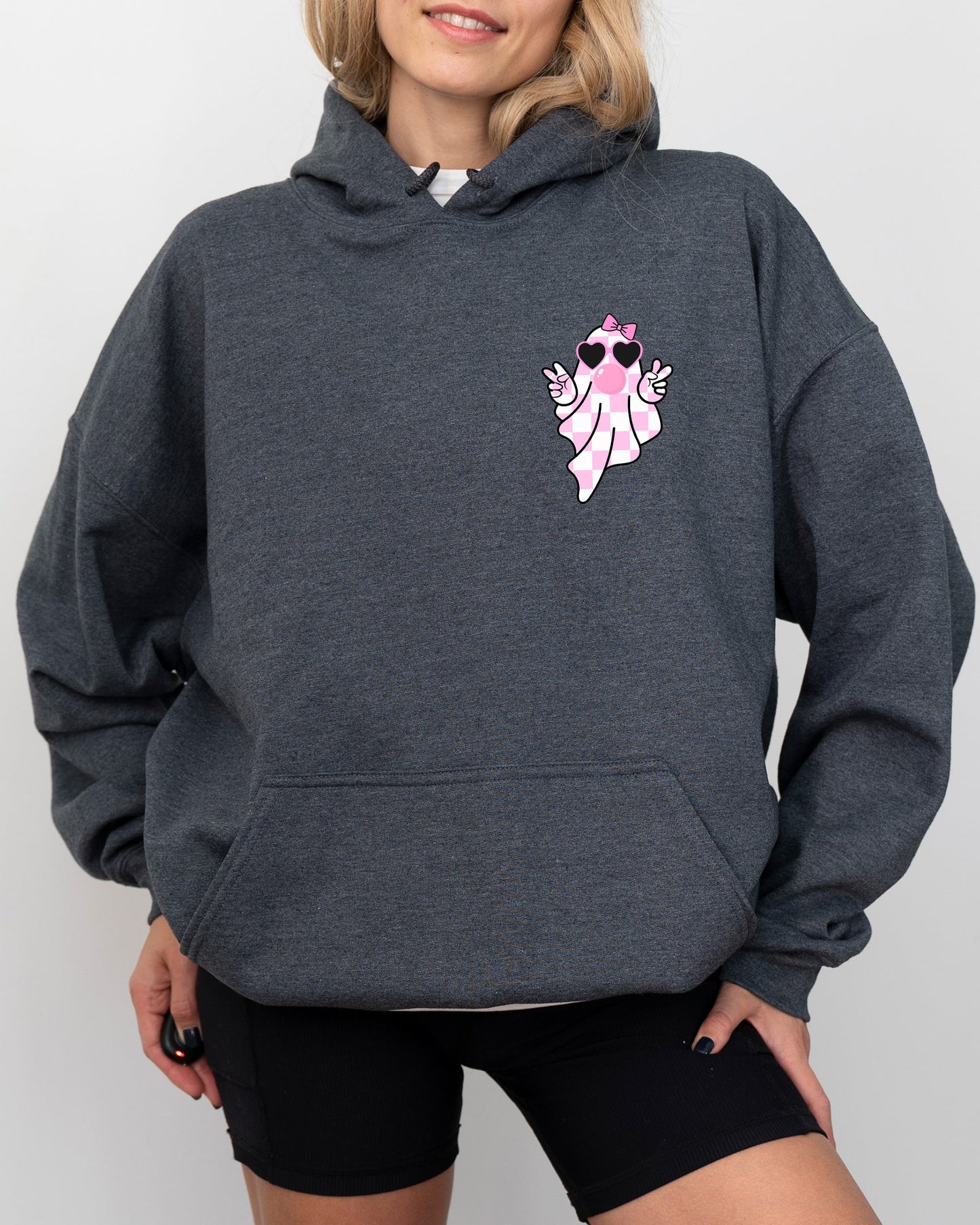 Cute Pink Bubblegum Ghost Pocket Print Hooded Sweatshirt