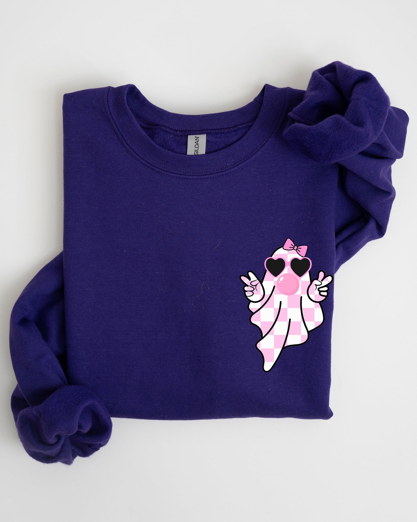 Pink Bubblegum Ghost Pocket Print Sweatshirt Halloween Peace Bow Ribbon