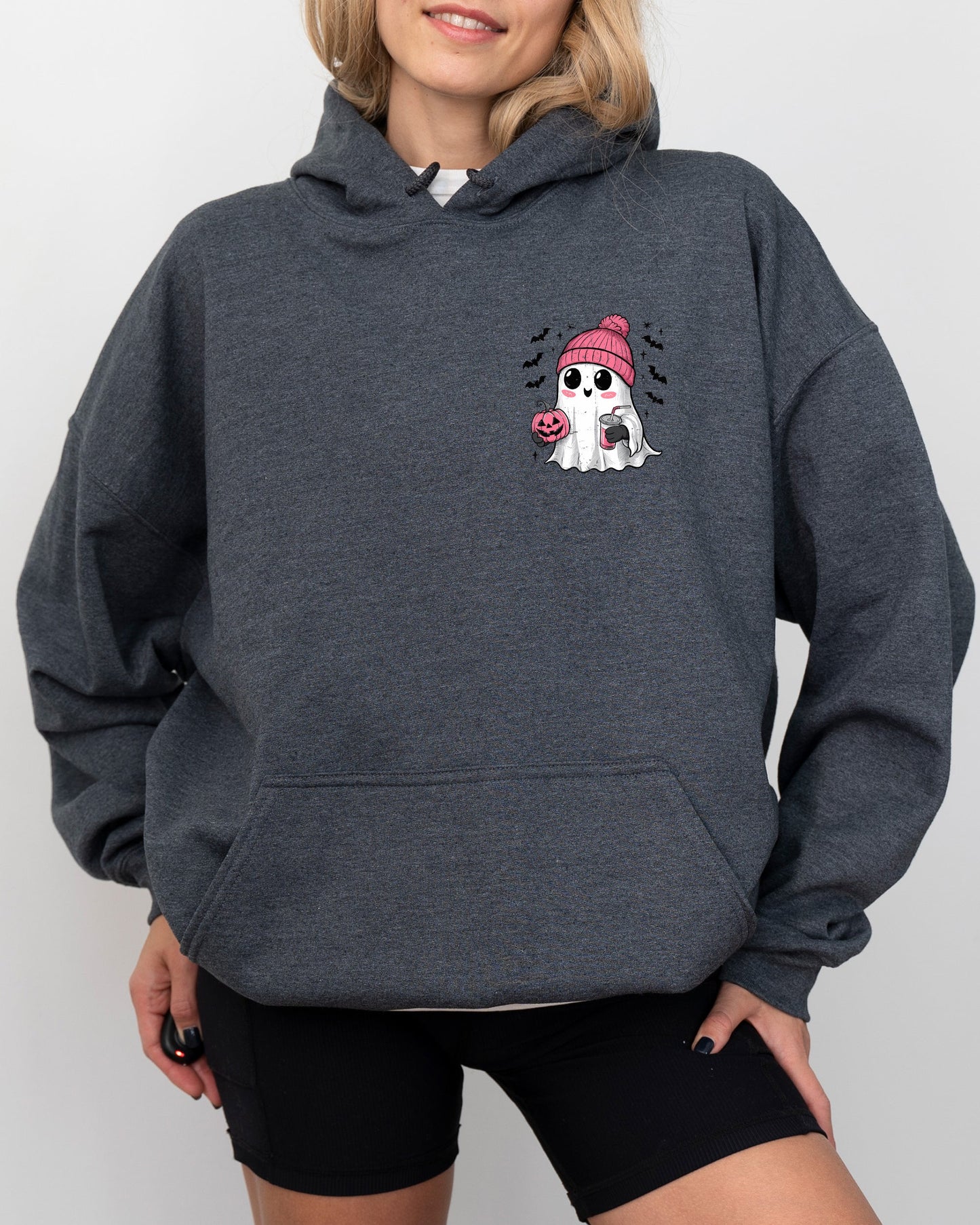 Cute Pink Ghost Pocket Print Hooded Sweatshirt Halloween Coffee Bats