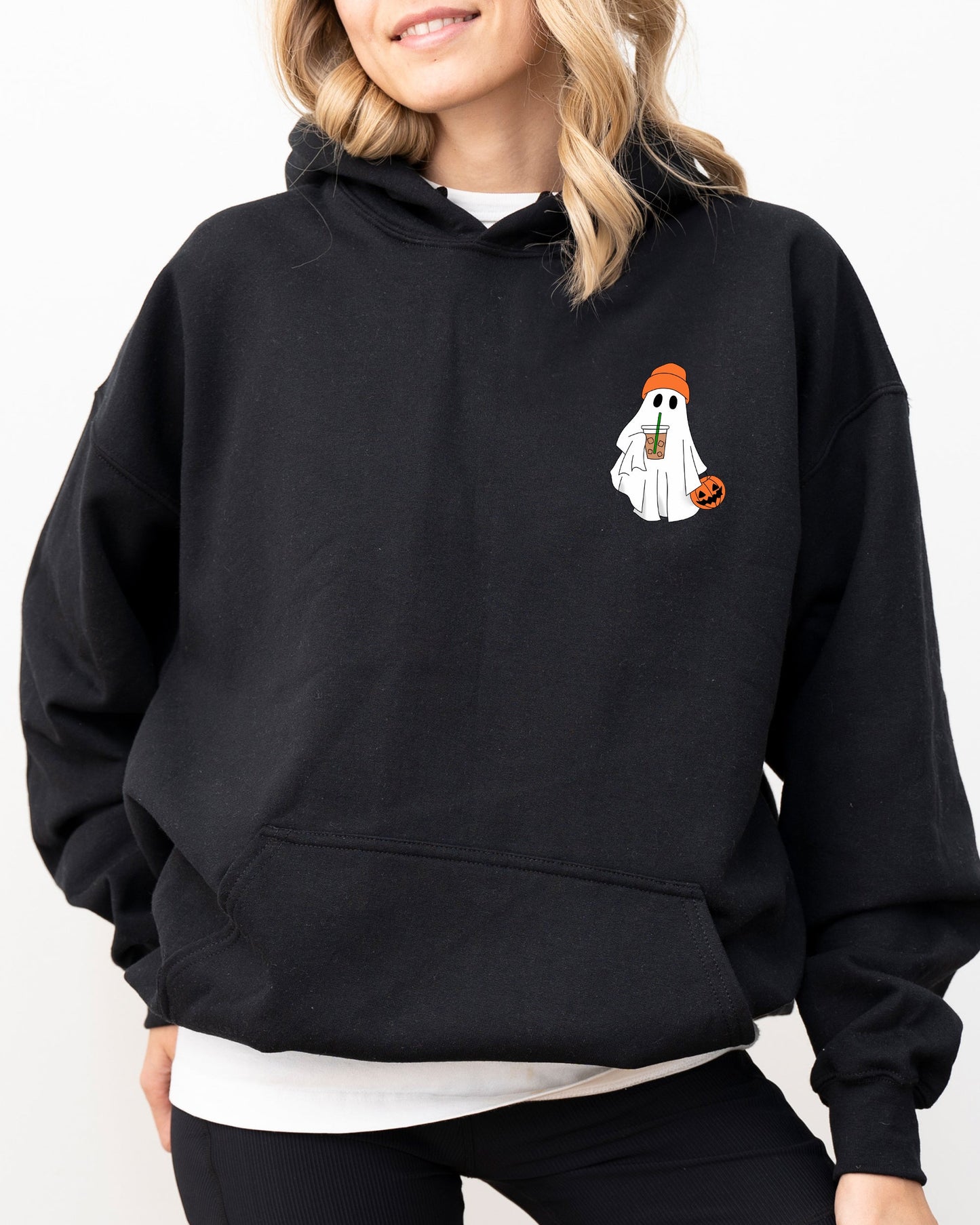 Cute Skater Ghost Pocket Print Hooded Sweatshirt Halloween Coffee Trick or Treat