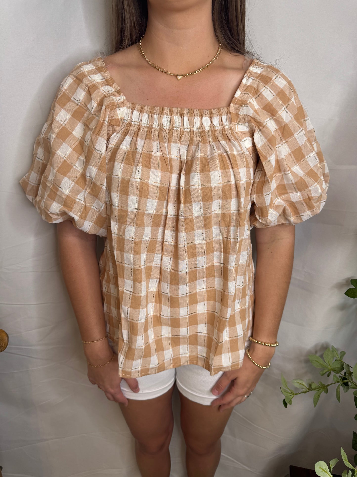 Sand Checkered Top Blouse Sweet Jude Boutique