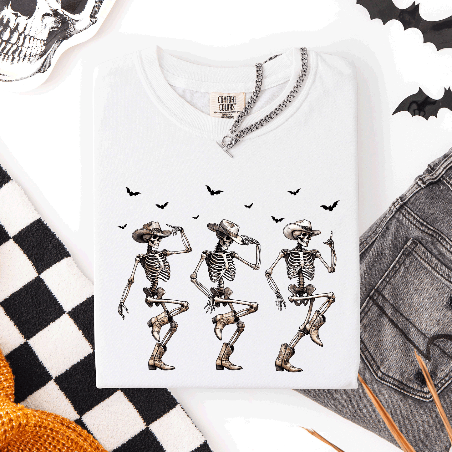Dancing Cowboy Skeletons Halloween Bats Comfort Colors T-Shirt Refinery Number One