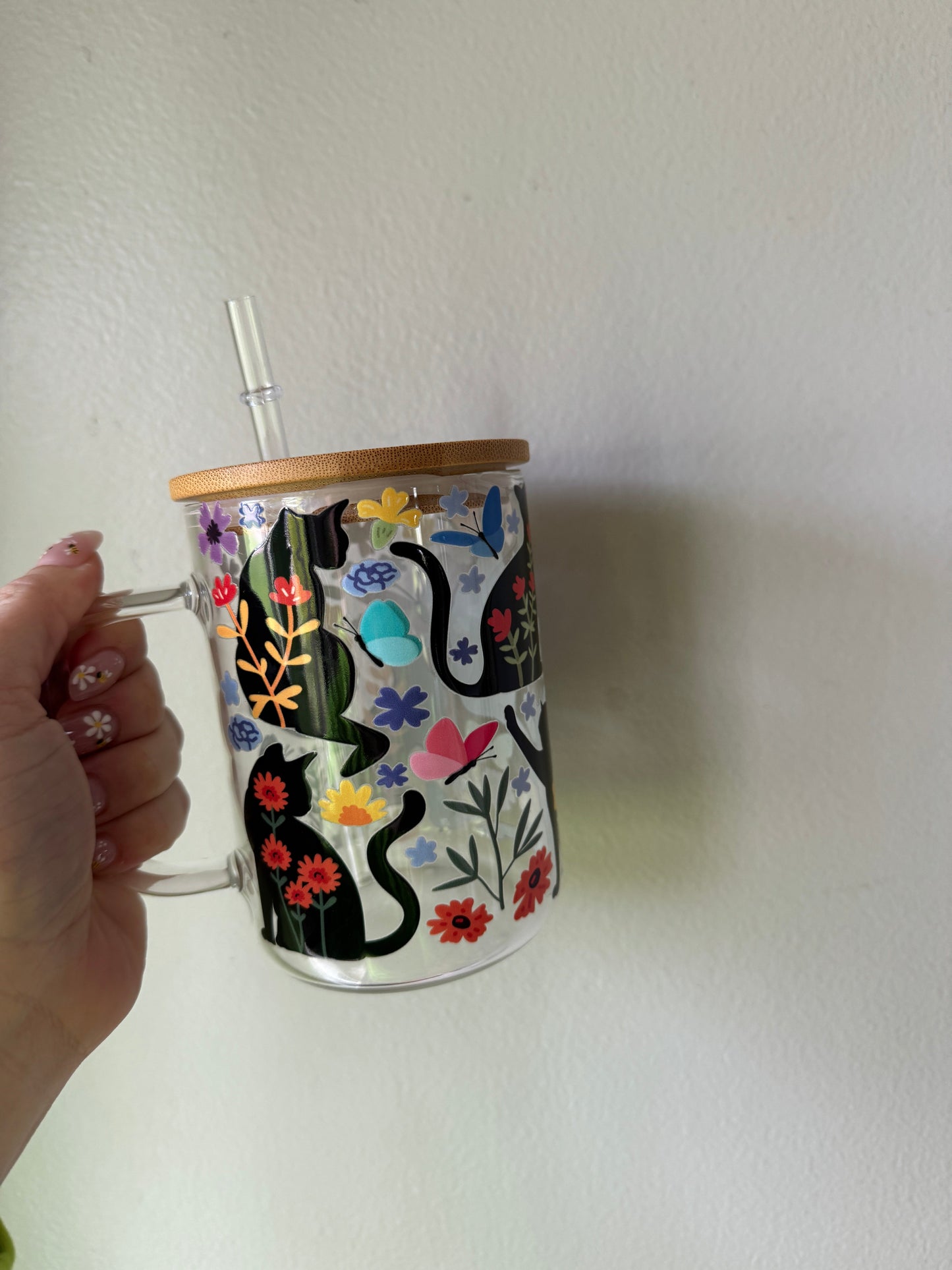 Cat Floral 16oz Glass and 17oz Plastic Mug Sawdust and Cedar