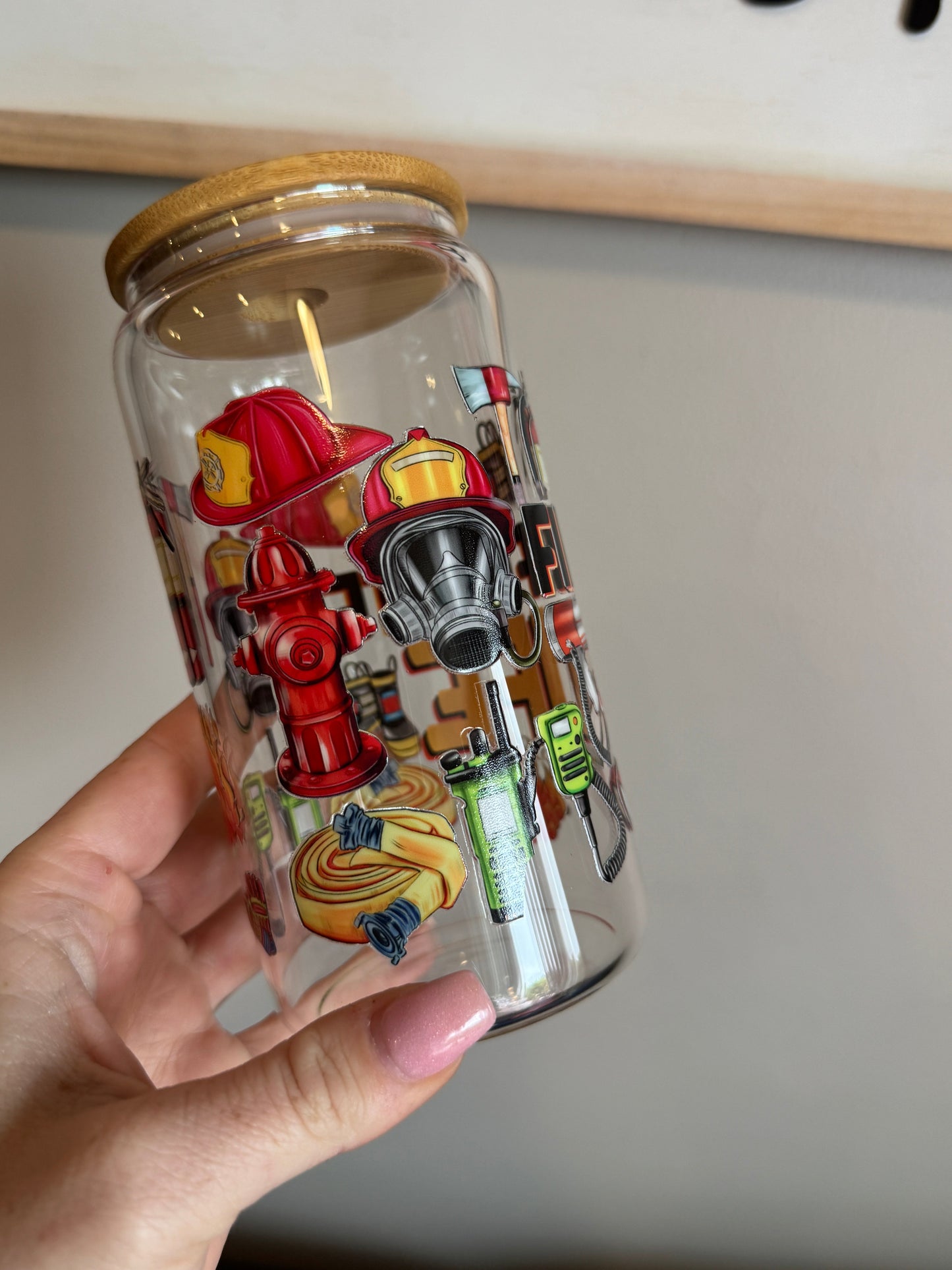 Firefighter Life 16oz Glass Cup Sawdust and Cedar
