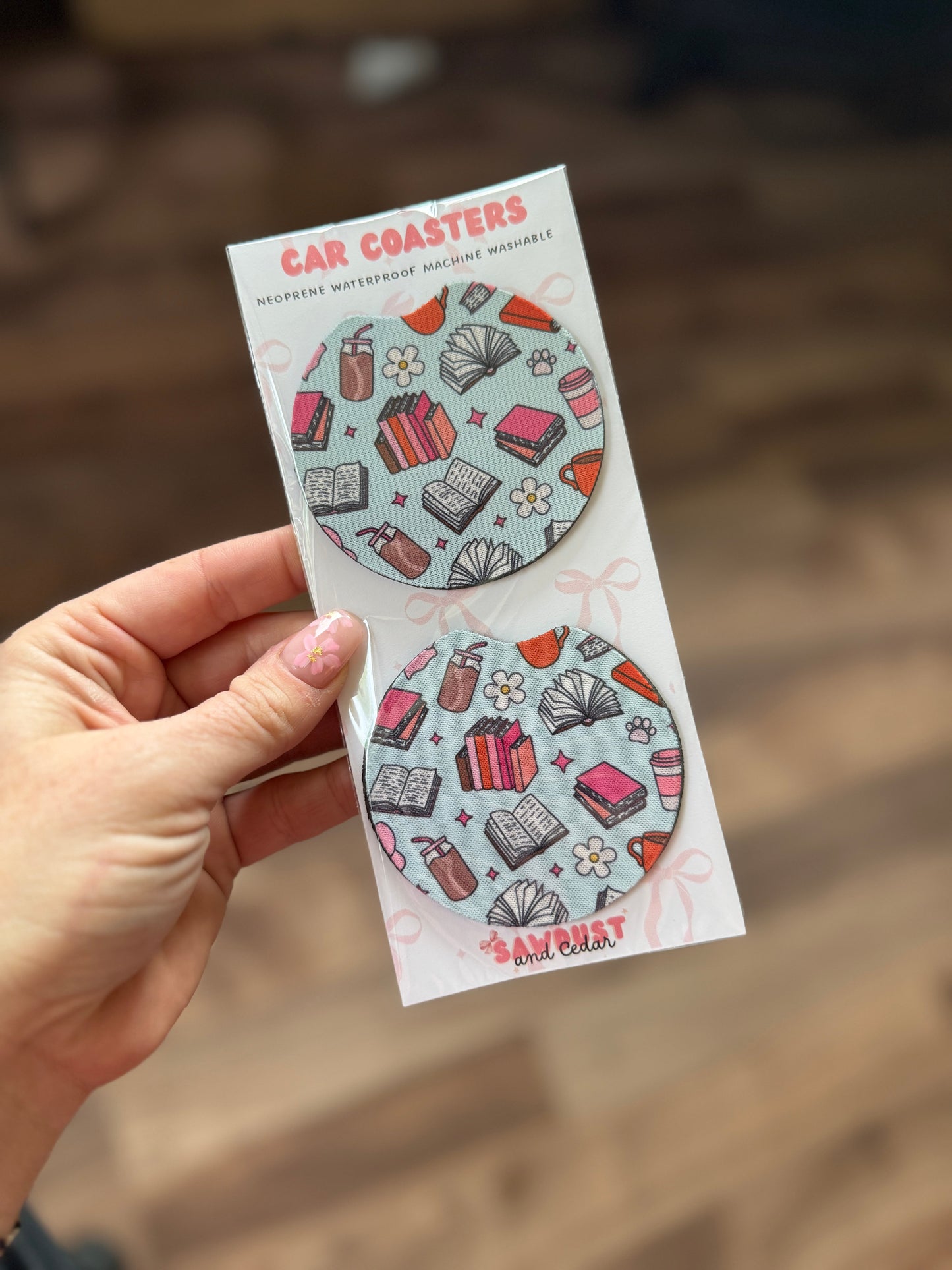 Bookish Bliss Car Coaster with Books and Coffee Design
